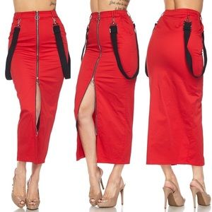 🌹 LAST ONE 🌹 Red High Waist Zipper Midi Skirt w/ Suspenders